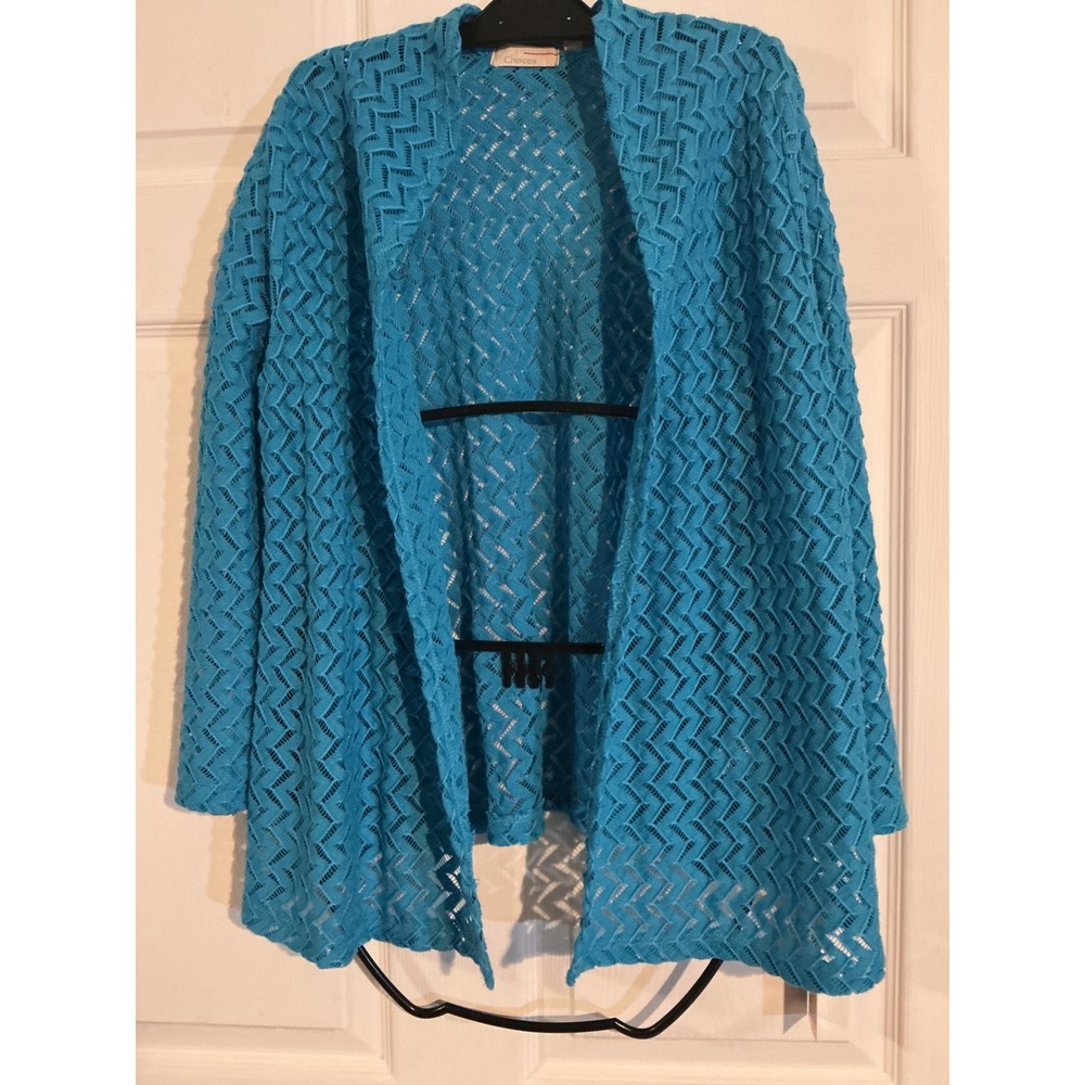 Choices Turquoise Blue Chevron Pointelle Open Front Cardigan JNKR0233 L NEW